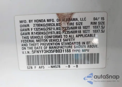 2015 Honda Pilot Se z USA, uszkodzony, nr VIN 5FNYF3H35FB031188